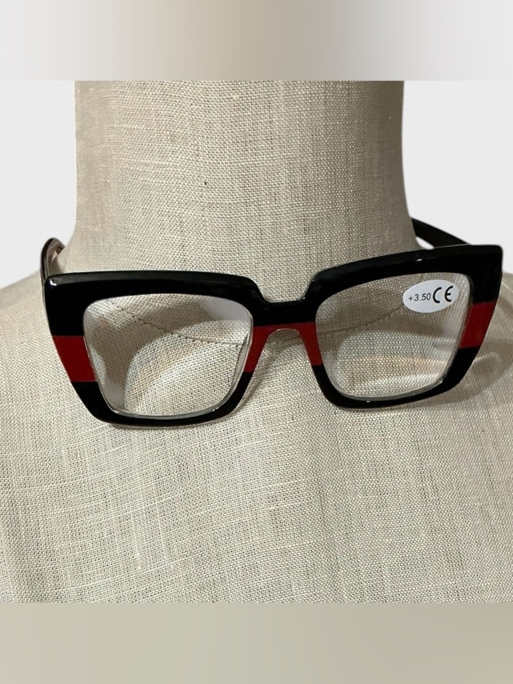 Oversized Square Reading Glasses Black Red Stripe +3.50 Chic Frame